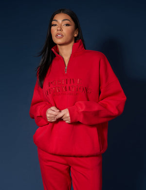 Half Zip Pullover Tonal Embroidered Sweatshirt Red