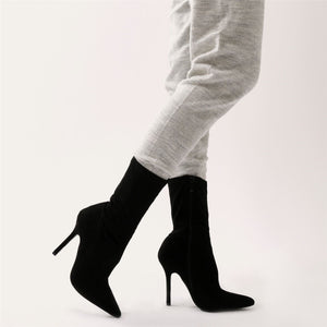 Direct Pointy Sock Boots in Black Faux Suede
