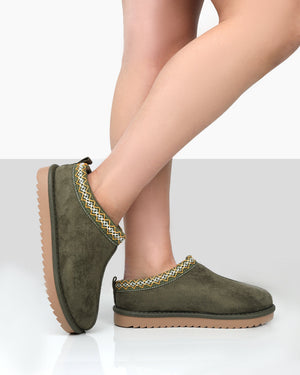 Tamsin Khaki Faux Suede Embroidered Slipper Boots
