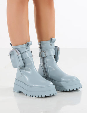 Amber x Public Desire Thought PU Blue Pocket Chunky Sole Ankle Boot