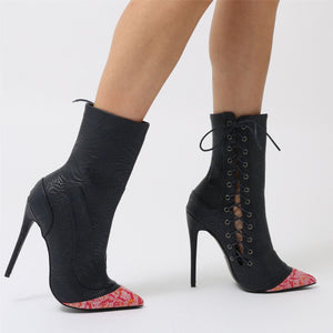 Regal Lace Up Side Embossed Ankle Boots in Navy With Printed Toe