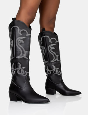 Cooper Black PU Western Embroidered Knee High Cowboy Boot