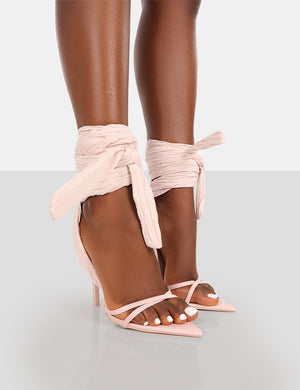 Brunchin Pink Linen Tie Up Wrap Around Stiletto Heels