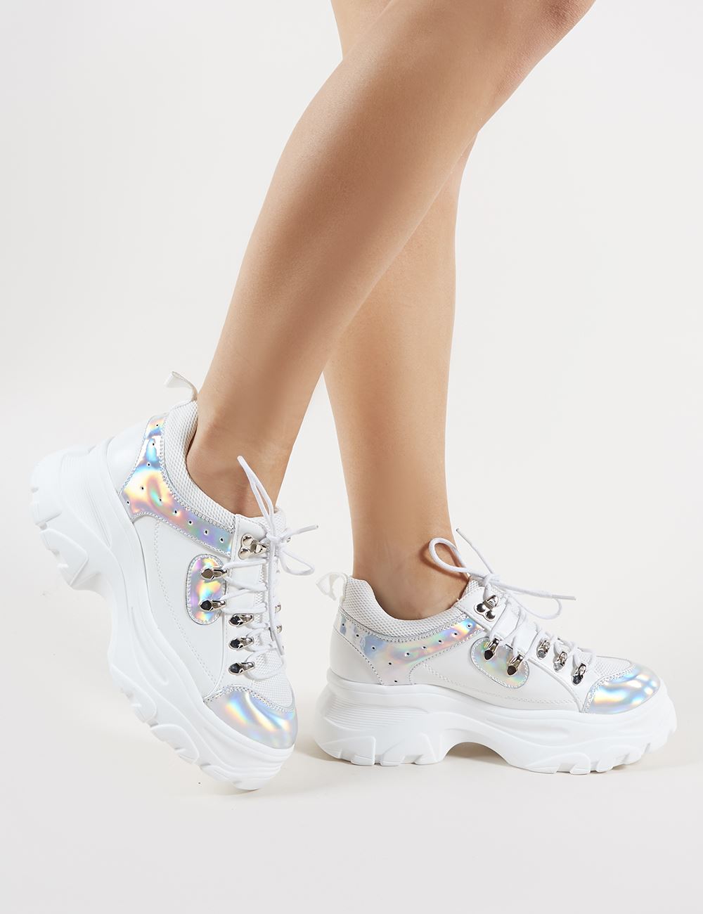 LUCKY STEP Women Holographic Iridescent Metallic Chunky Sneakers - White...  | eBay