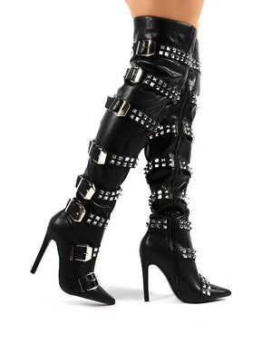 Seethe Black Studded Buckles Over the Knee Boots