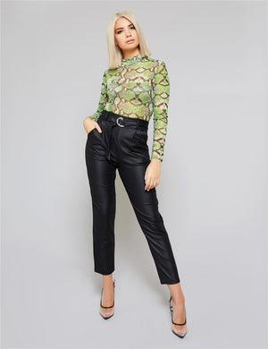 Black PU Paperbag Waist Belted Trousers