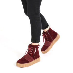 Christa Strap Detail Hi Top Creepers in Bordeaux Faux Suede