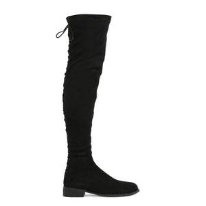 Arya Lace Up Back Flat Long Boots in Black Faux Suede