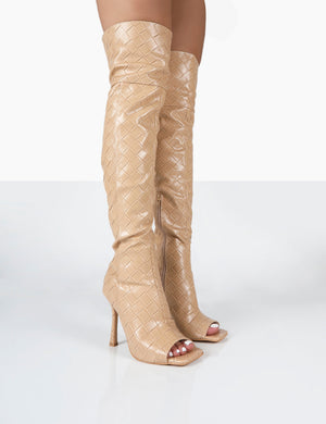 Carlotta Beige Open Toe Woven Material Heeled Over The Knee Boots