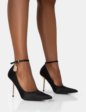 Lotty Black Satin Padlock Ankle Detail Pointed Court Stiletto Heels