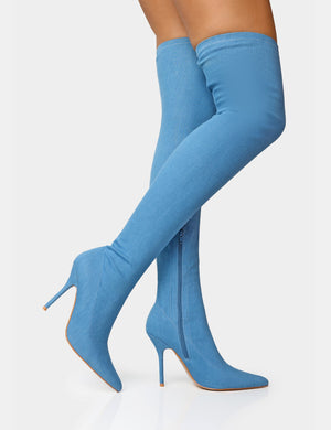Jodie Blue Denim Seam Detail Pointed Toe Stiletto Thigh High Boots