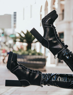 Obvious Black Lace Up Platform Block Heeled Ankle Boots