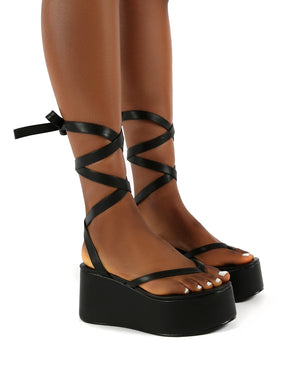 Amber x Public Desire Geisha Black PU Tie Up Thong Strap Flatform Sandals