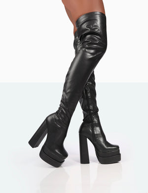 Identity Wide Fit Black Pu Platform Over The Knee Boots