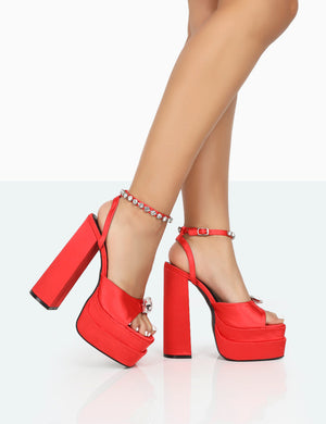 Frozen Red Satin Sparkly Diamante Strap Open Toe Block Platform Heels