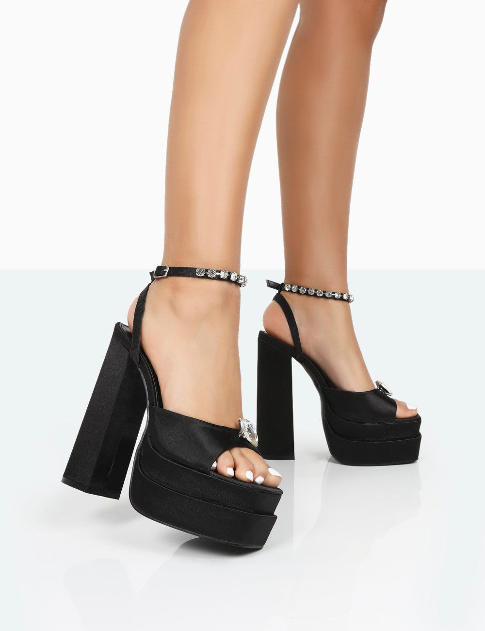 Frozen Black Satin Sparkly Diamante Strap Open Toe Block Platform Heels