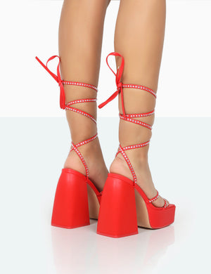 Helena Red Grain Pu Sparkly Diamante Chunky Square Toe Platform Heel Block Heels