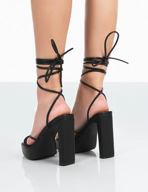 Bring It Black Pu Square Toe Lace Up Strappy Platform Thin Block Heels