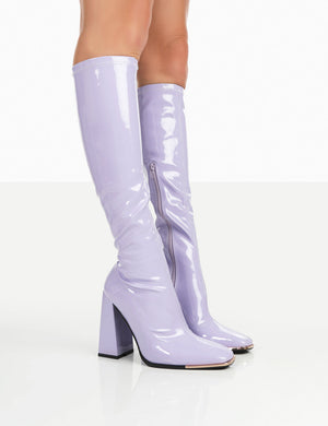 Caryn Lilac Patent Knee High Heeled Boots | Public Desire