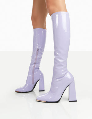 Caryn Lilac Patent Knee High Heeled Boots