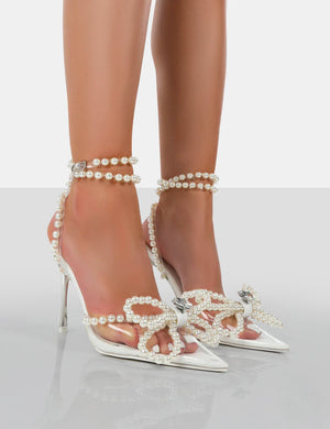 Pearl Bow Clear Perspex Wrap Around Party Pointed Stiletto Court Heels