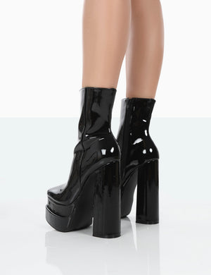 Supine Wide Fit Black Patent Chunky Platform High Heeled Ankle Boots
