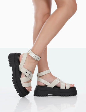 Follow Wide Fit Stone PU Croc Chunky Buckle Sandals