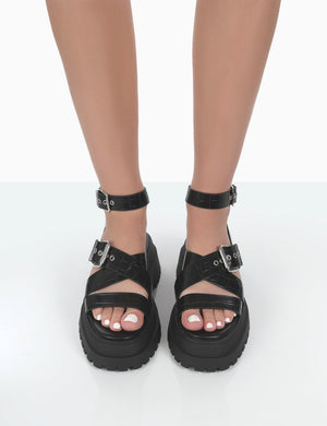 Follow Wide Fit Black PU Croc Chunky Buckle Sandals