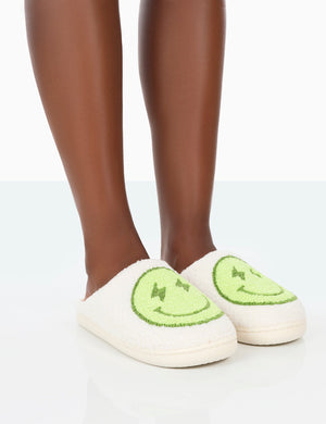 Daze Lime Printed Smiley Face Slippers