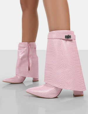 Fyre Baby Pink Croc Pointed Toe Heeled Ankle Boots