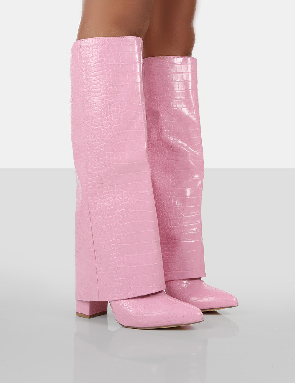 kuffert Kamel Åh gud Zendaya Pink Croc Pointed Toe Knee High Boots | Public Desire