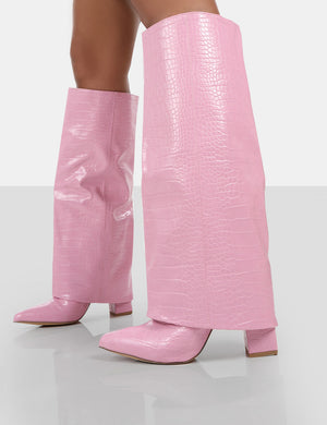 Zendaya Pink Croc Pointed Toe Knee High Boots