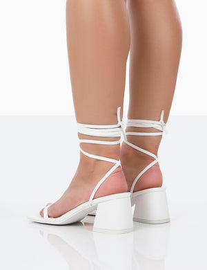Babeass White Pu Sqaure Toe Lace Up Block Mid Heeled Sandals
