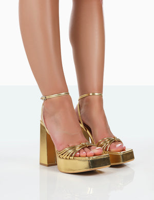 Boujee Gold Metallic Square Toe Strappy Block Heels