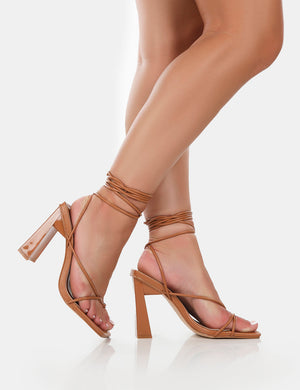 Viva Wide Fit Caramel Pu Strappy Lace Up Stiletto Thin Block Heels