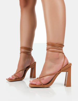 Viva Wide Fit Caramel Pu Strappy Lace Up Stiletto Thin Block Heels