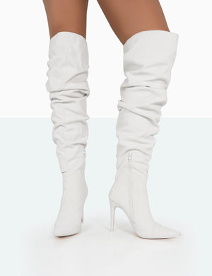 Lariza Off White Faux Suede Pointed Toe Stiletto Over the Knee Boots
