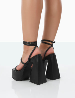 Pierce Black Pu Square Toe Strappy Platform Flared Block Heels