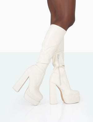 Passive Ecru PU Square Toe Platform Block High Heel Over The Knee Boots