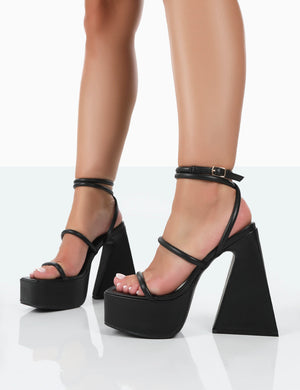 Pierce Black Pu Square Toe Strappy Platform Flared Block Heels