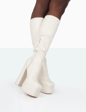 Passive Wide Fit Ecru Pu Square Toe Platform Block High Heel Over the Knee Boots