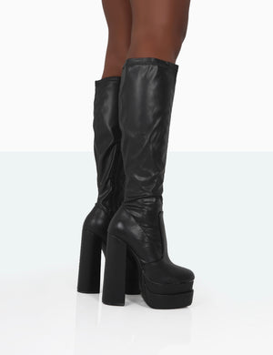 Passive Wide Fit Black Pu Square Toe Platform Block High Heel Over the Knee Boots