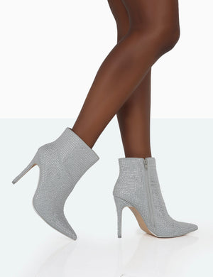 Verona Wide Fit Silver Sparkly Diamante Stiletto Ankle Boots