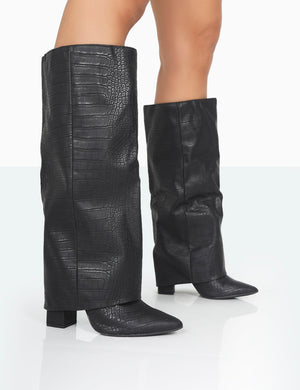 Zendaya Wide Fit Matt Black Croc Pointed Toe Knee High Boots