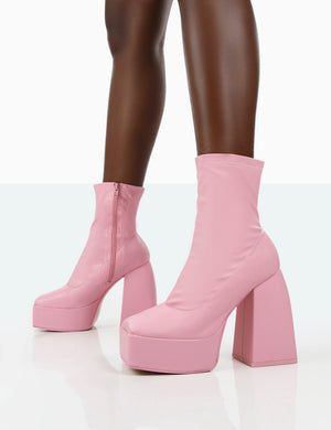 Own Thing Wide Fit Pink PU Chunky Square Toe Platform Heel Ankle Boots