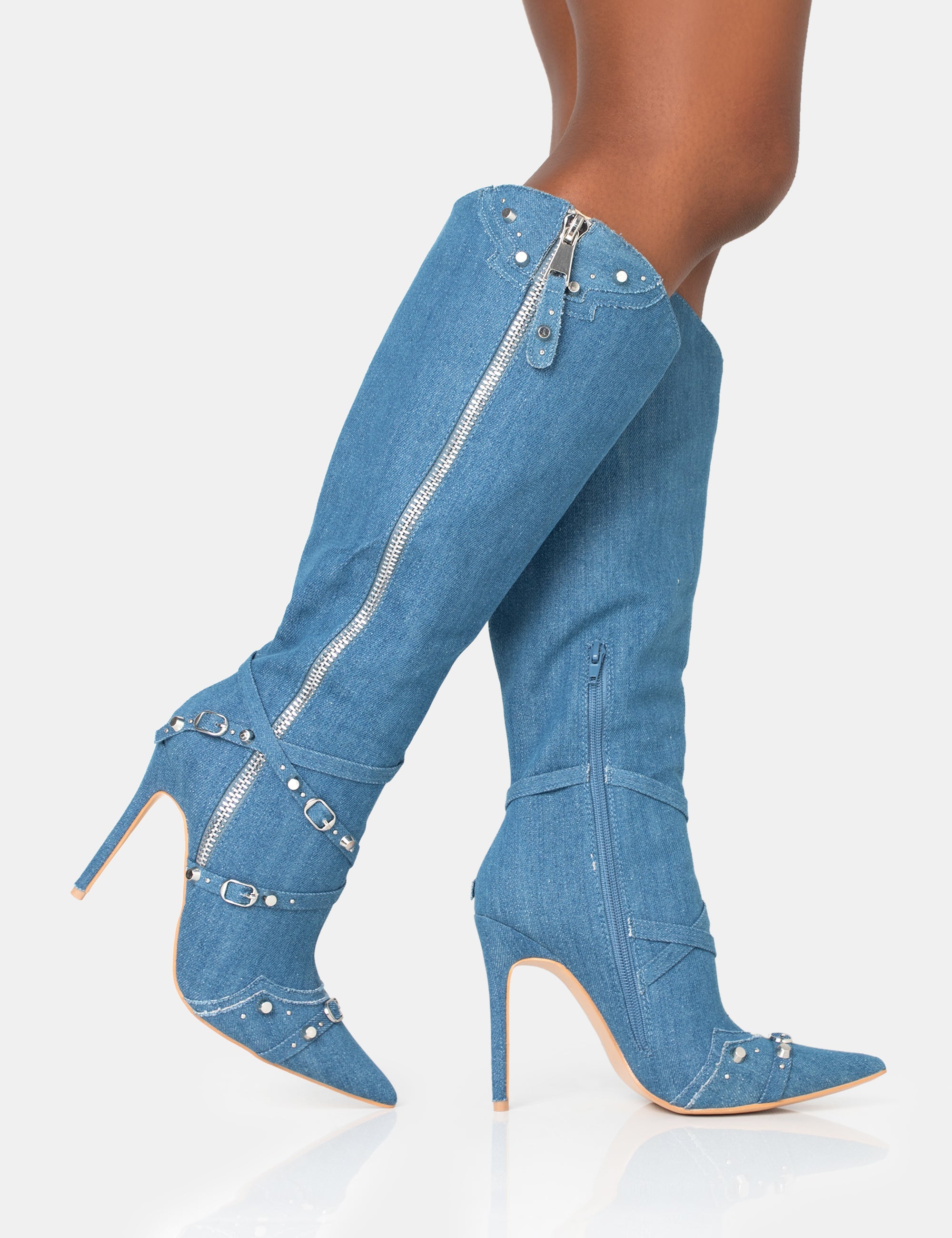 Denim boots discount knee high