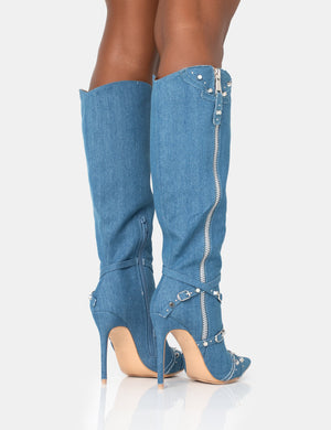 Worthy Blue Denim Studded Zip Detail Pointed Toe Stiletto Knee High Boots