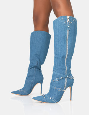 Worthy Blue Denim Studded Zip Detail Pointed Stiletto Knee High Boots