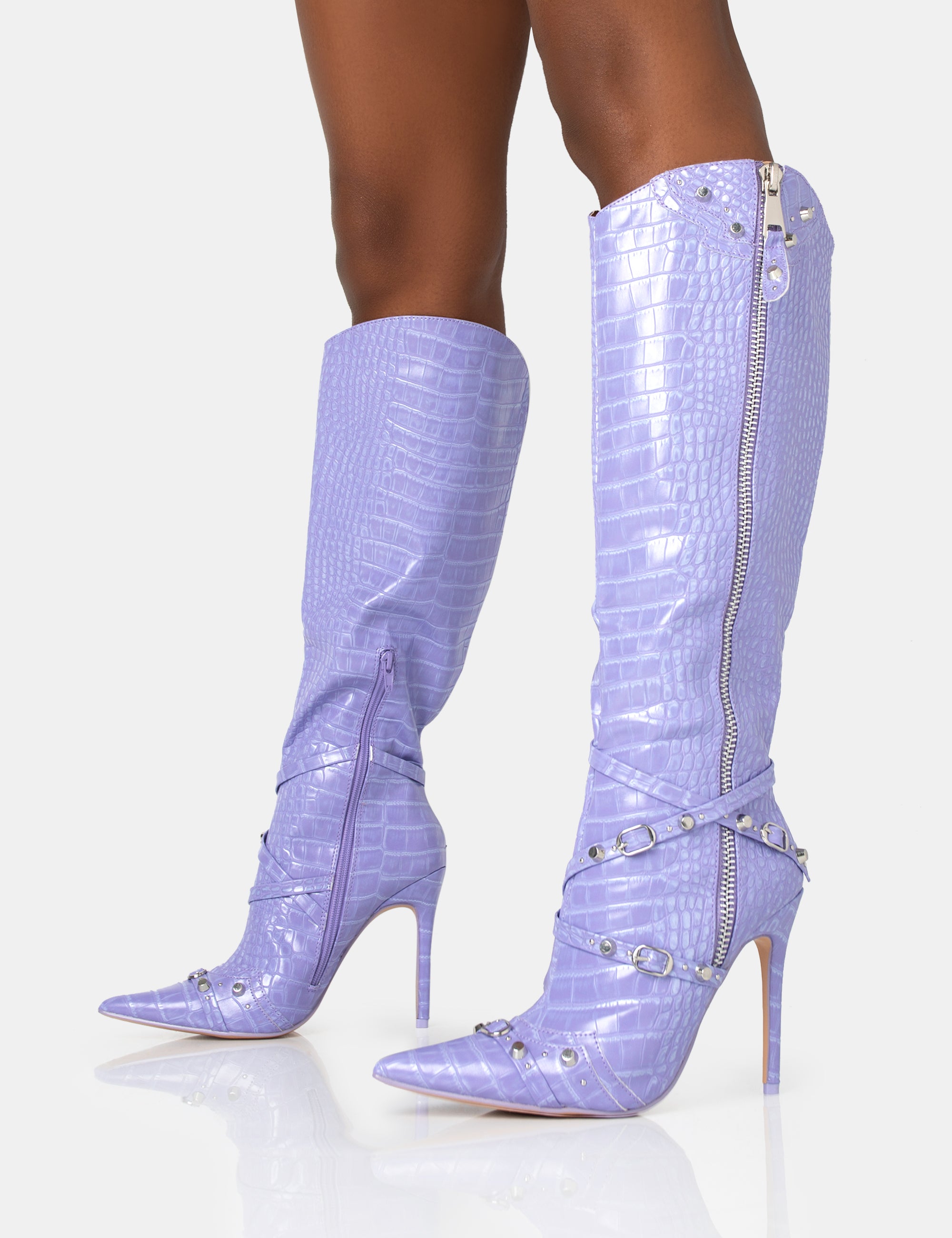 Purple knee high boots on sale