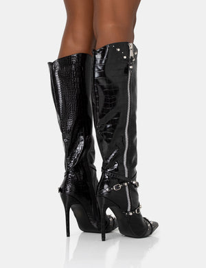 Worthy Black Croc Studded Zip Detail Pointed Toe Stiletto Knee High Boots